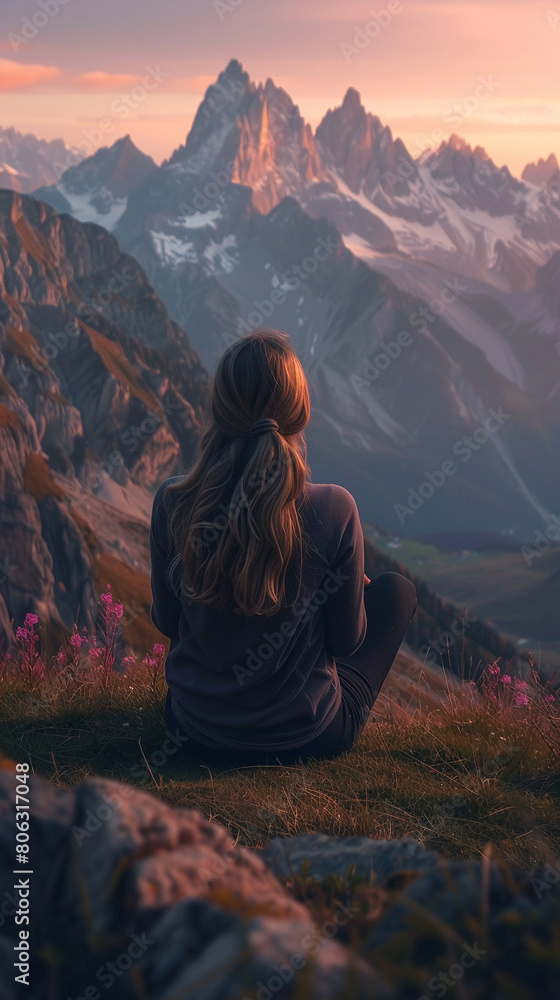 Meditation outdoors in a mountain retreat, with a panoramic view of peaks during sunset, symbolizing spiritual wellness and harmonyRealistic photography