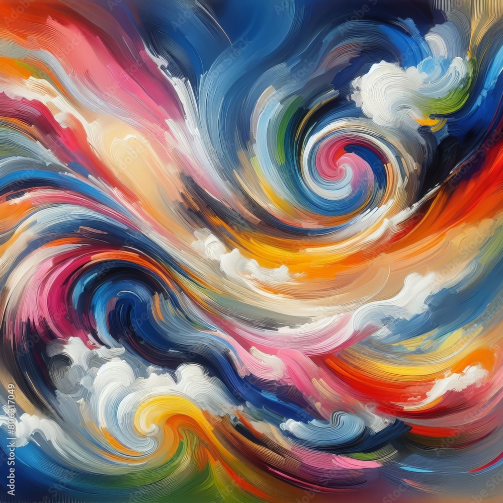 An abstract painting with bold strokes of vibrant colors swirling together on a canvas An abstract painting with bold strokes of vibrant colors swirling together on a canvas