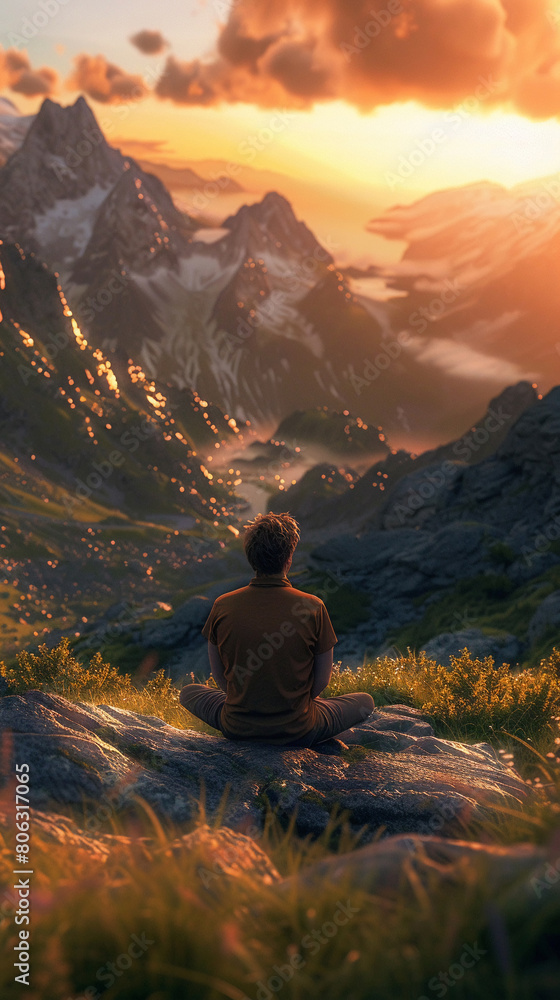Meditation outdoors in a mountain retreat, with a panoramic view of peaks during sunset, symbolizing spiritual wellness and harmonyRealistic photography
