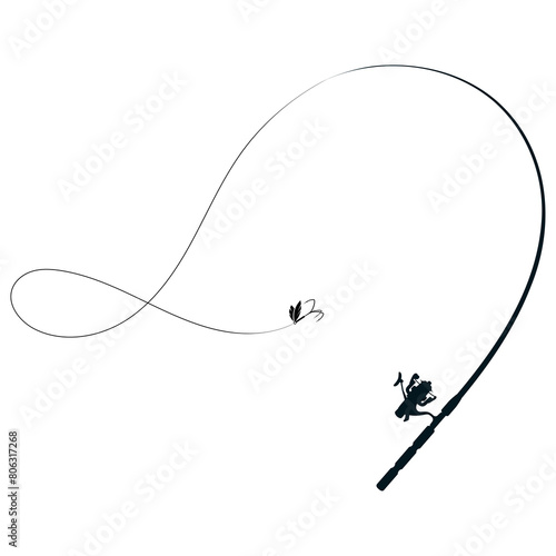 Fishing rod with bait on a line and reel. Silhouette for fishing and outdoor activities