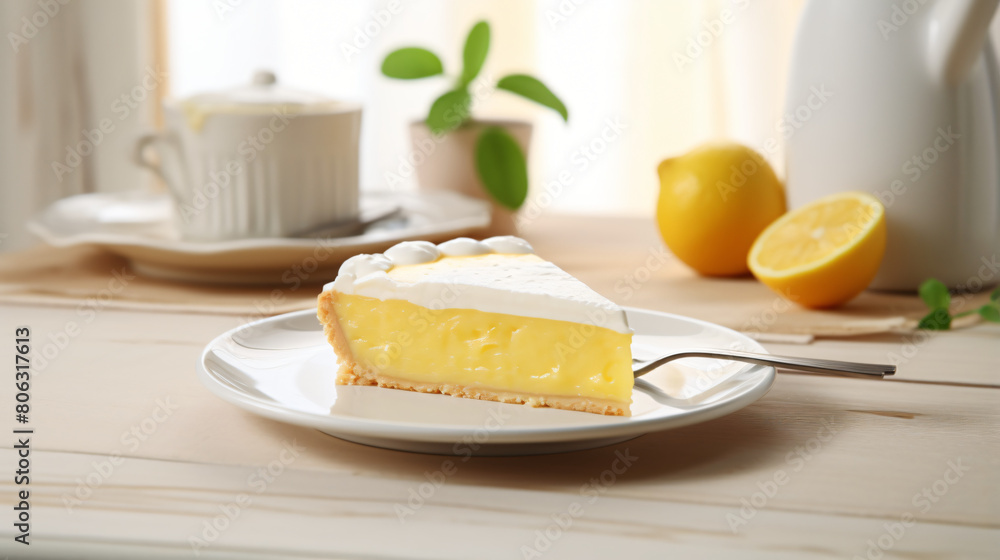 Plate with piece of tasty lemon pie on white wooden