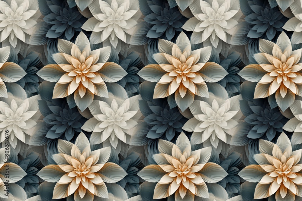 Seamless floral pattern with layered 3D effect in neutral tones. Architectural Blooms.