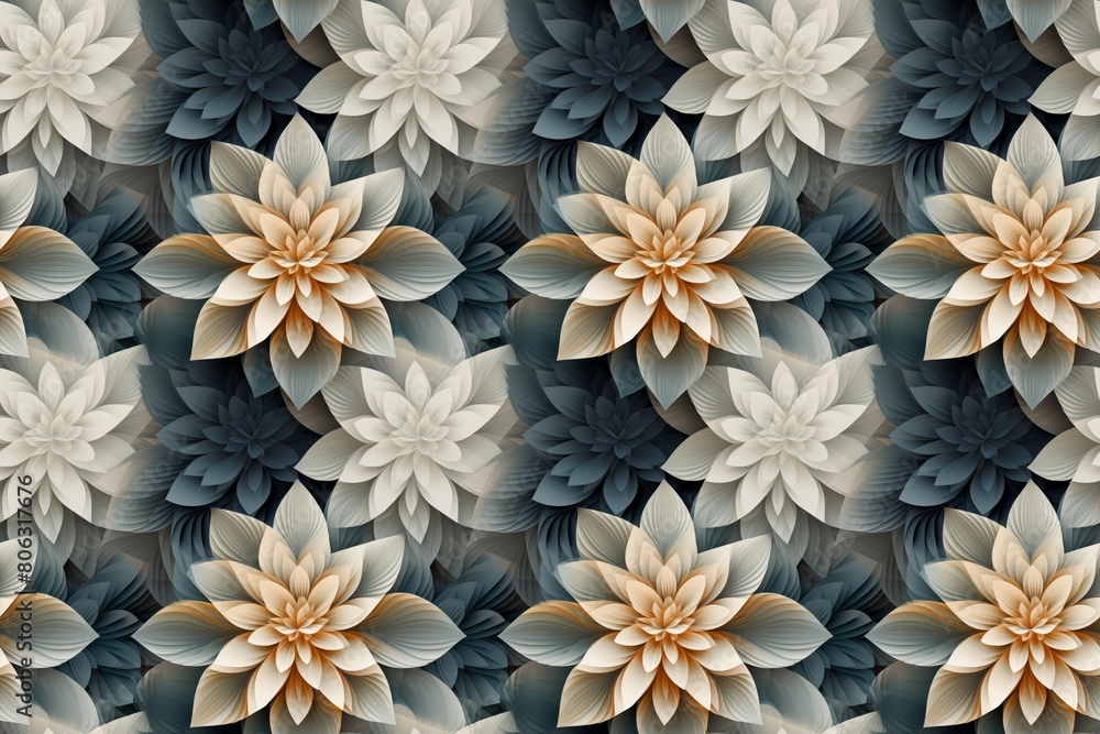 Seamless floral pattern with layered 3D effect in neutral tones. Architectural Blooms. Seamless floral pattern with layered 3D effect in neutral tones. Architectural Blooms.