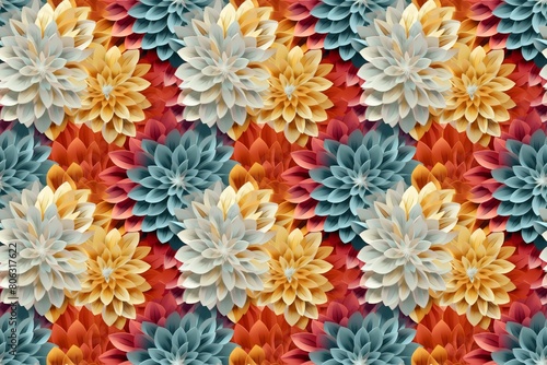 Colorful pattern of artificial flowers in a seamless background design. Architectural Blooms: flowers that grow in intricate geometric patterns or structures, almost like living sculptures. photo