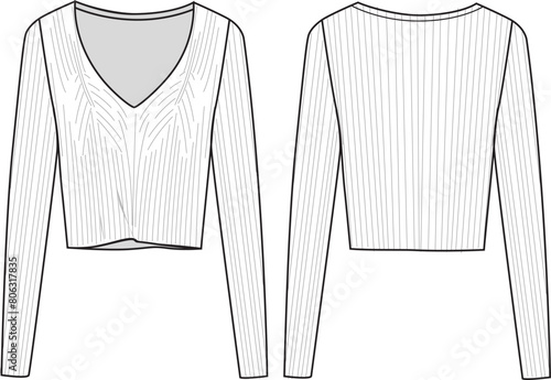 Women's Basic, Crop, V-Neck Rib Jumper. Technical fashion illustration. Front and back, white color. Women's CAD mock-up.