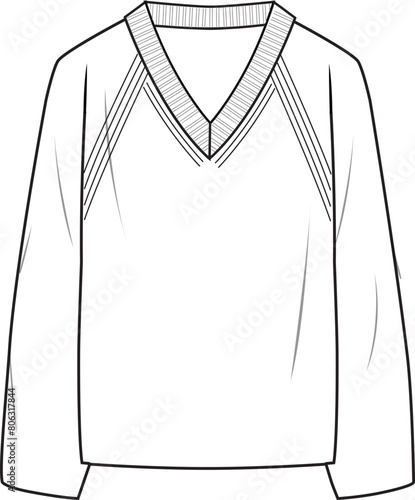 Women's V-Neck Basic Jumper. Technical fashion illustration. Front, white color. Women's CAD mock-up.