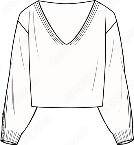 Women's V-Neck Jumper- Technical fashion illustration. Front, white color. CAD mock-up.	
