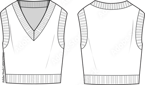 Women's V-Neck, Crop Vest- Technical fashion illustration. Front and back, white color. Unisex CAD mock-up.