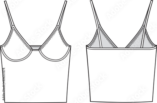 Women's V-Neck Crop Knit Top With Thin Straps Top. Technical fashion illustration. Front and back, white color. Women's CAD mock-up.