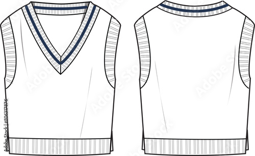 Women's V-Neck, Tipped Vest- Technical fashion illustration. Front and back, white color. Unisex CAD mock-up. photo