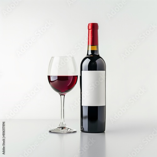 A bottle of wine and a wine glass are displayed on a white background