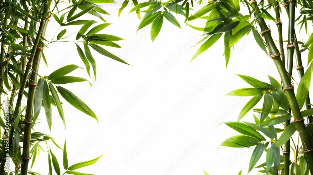 A bamboo frame with green leaves on a white background. A bamboo frame with green leaves on a white background.