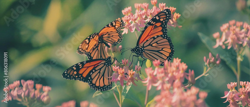 Vibrant monarch butterflies peacefully perched on lush milkweed, showcasing nature's beauty and grace.