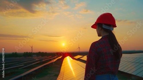 A female worker with red hard hat looking into the distance at a solar farm at sunset