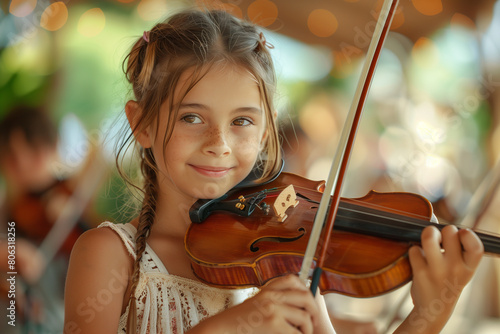 A young girl plays the violin outside at an event.