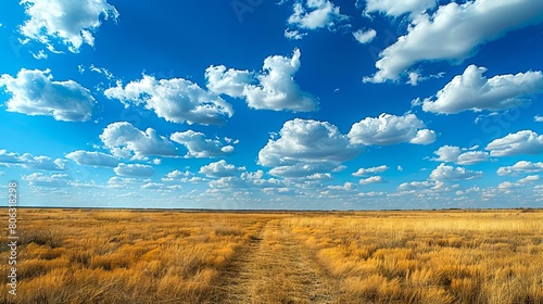 A dirt path in the middle of a field with clouds. photo