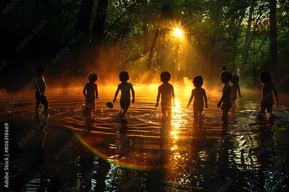 Children Skipping Stones Create Magical Ripples and Rainbows on a Serene Pond Surface Children Skipping Stones Create Magical Ripples and Rainbows on a Serene Pond Surface