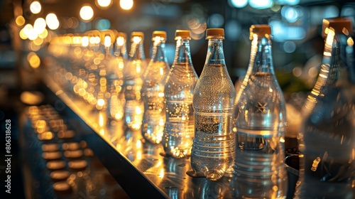 Beverage bottling line. plastic bottles on clean, well-lit factory conveyor for efficient production