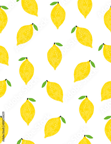 Hand Drawn Trendy Seamless Pattern with Yellow Lemon Fruits Isolated on a White Background. Infantile Style Crayon Drawing-like Endless Print with Lemons. 