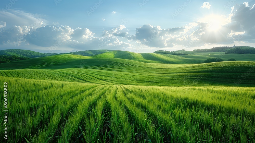 A large field of green grass with a bright sun shining down on it
