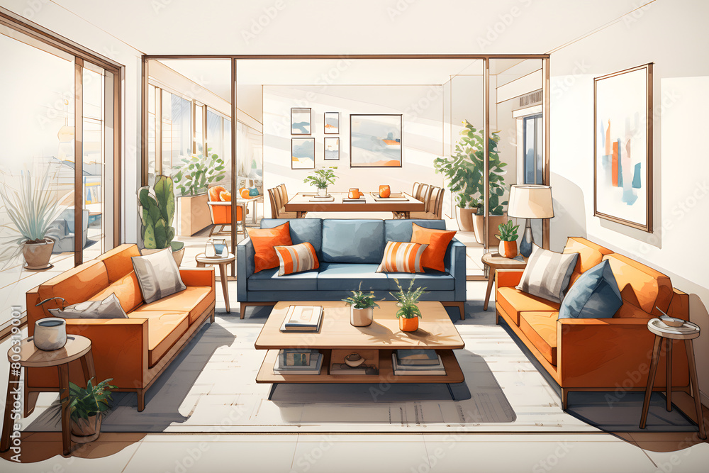 Fototapeta premium 3d illustrated vintage style livingroom couch, vintage style couch illustration, illustrated couch