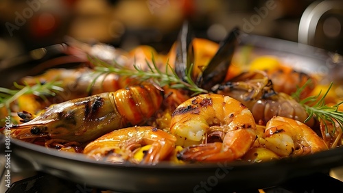 Captivating Aromas and Visually Stunning Presentation of Spanish Grilled Seafood Dish. Concept Spanish Cuisine, Grilled Seafood, Aromas, Visually Stunning Presentation, Food Photography