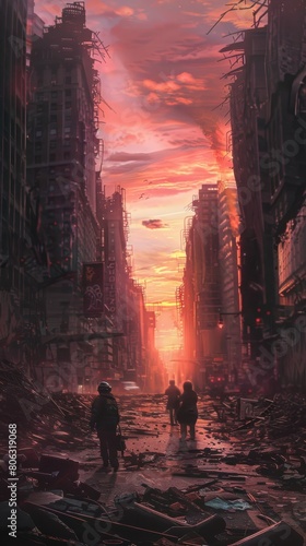 Post-apocalyptic cityscape at sunset 