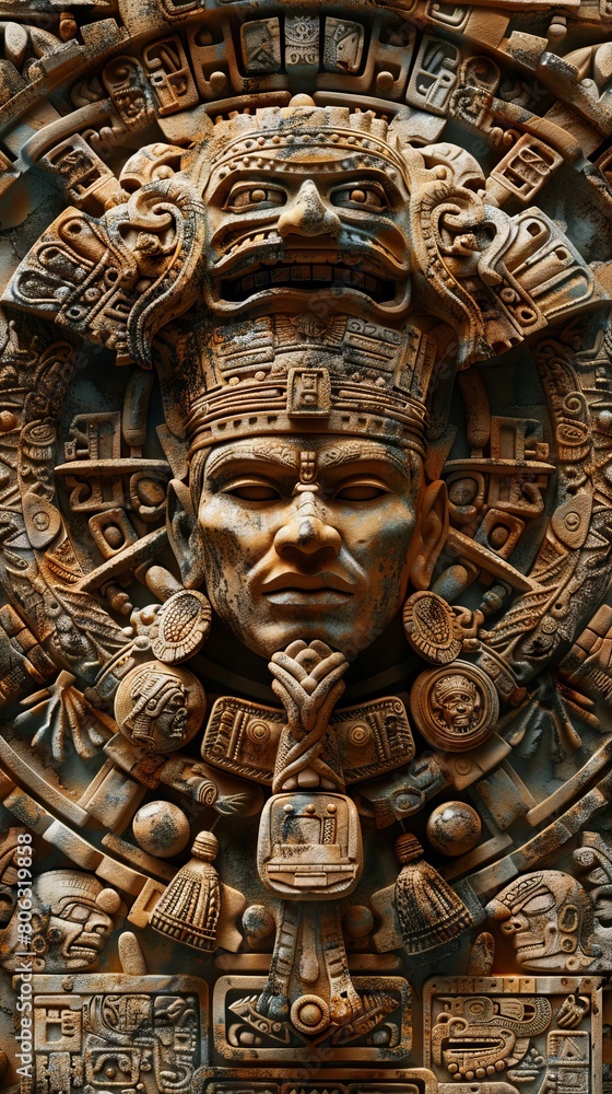 A large stone sculpture of an ancient mayan head.