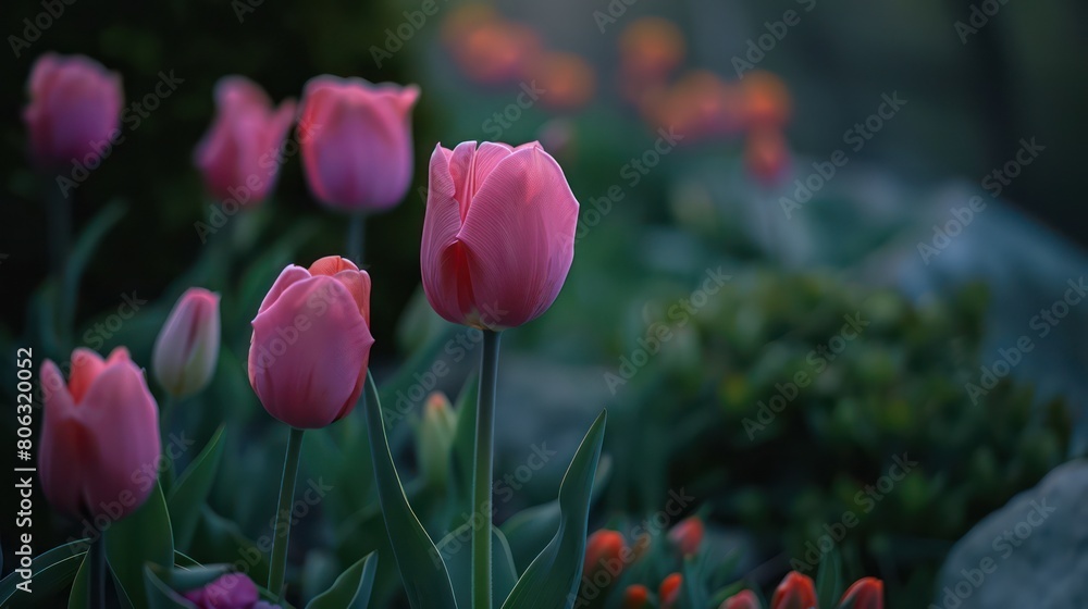 Fototapeta premium A single pink tulip stands gracefully in a tranquil garden, symbolizing solitude and the uniqueness of nature