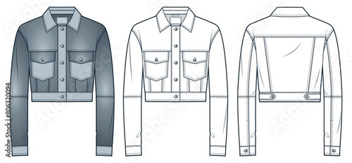 Denim Jacket technical fashion Illustration. Leather Crop Jacket fashion flat technical drawing template, button, pockets, relaxed fit, front, back view, white, grey, women, men, unisex CAD mockup set
