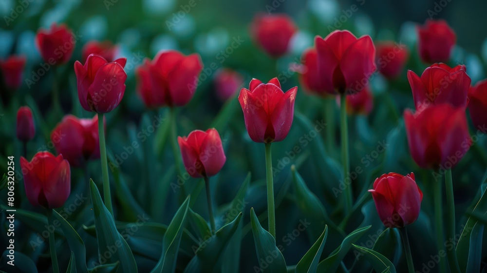Fototapeta premium A stunning portrait of a lush field of red tulips representing love and happiness, nestled within a serene garden ambiance