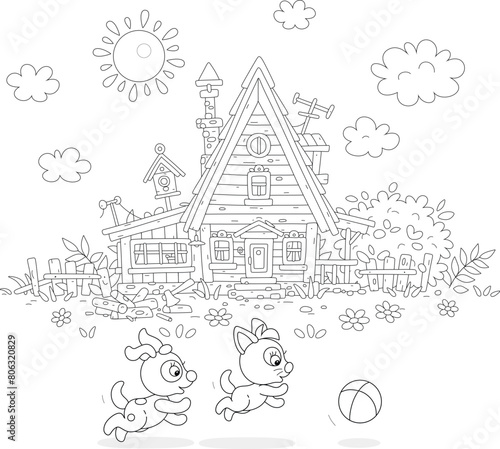 Funny little kitten and puppy merrily playing with a ball in a yard of a pretty village house in countryside on a sunny summer day, black and white vector cartoon illustration for a coloring book
