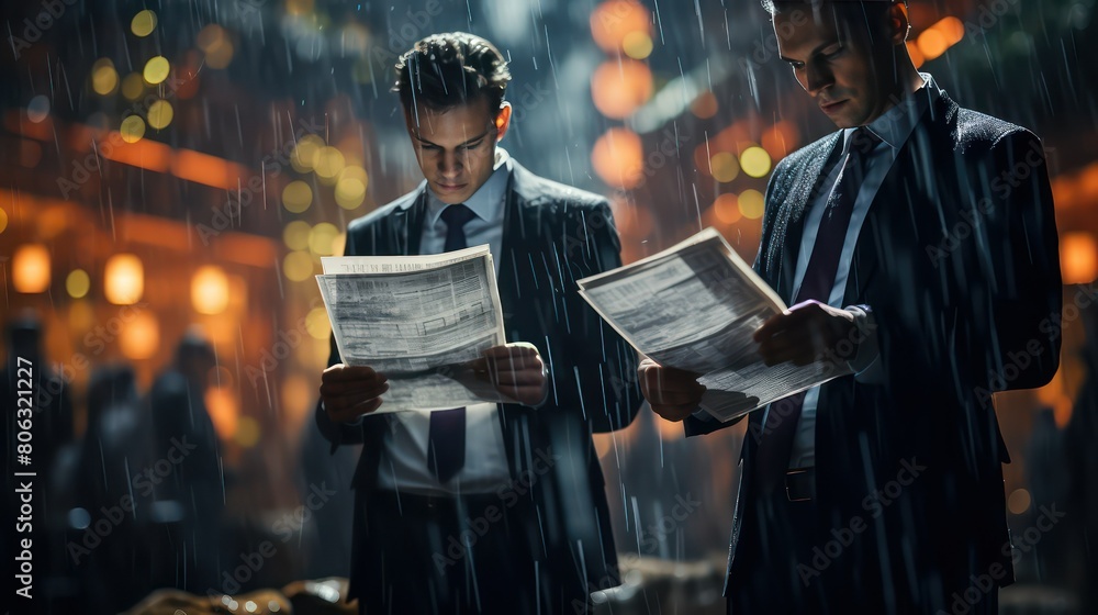 Business people standing in a rain at night and reading a newspaper.
