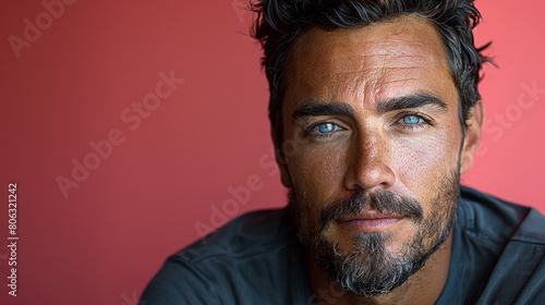 Professional studio photo portrait of a attractive handsome man, beautiful guy with beard, a person, with a pronounced emotional expression, widescreen 16:9 photo