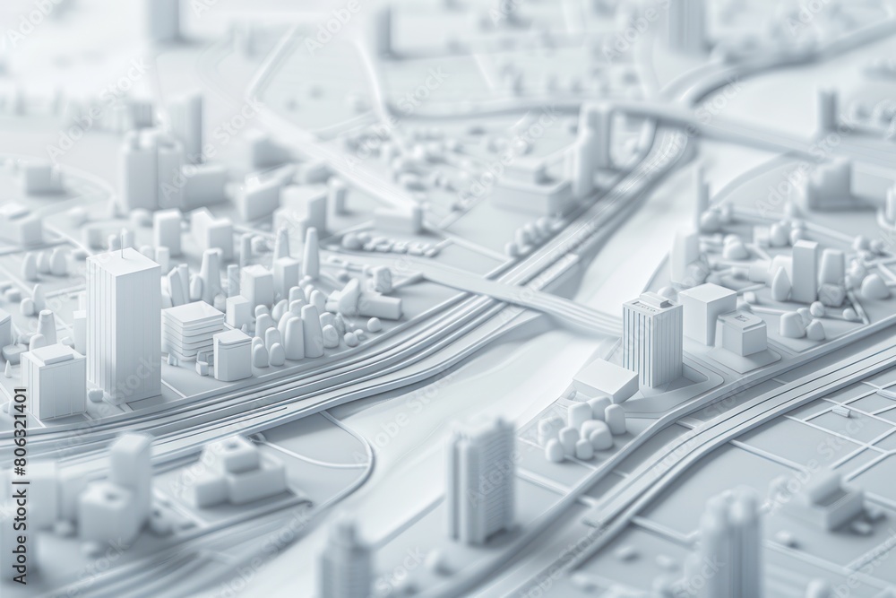 3D rendering of a white Map scene with City roads and Buildings 3D rendering of a white Map scene with City roads and Buildings