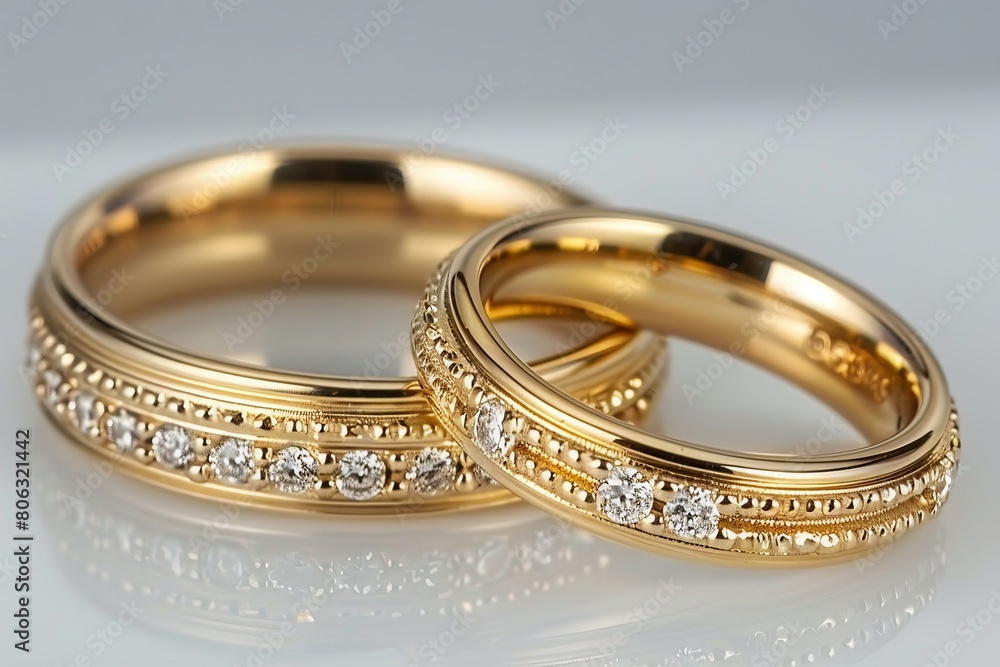 Close up capture of elegant gold wedding rings on white background in macro photography Close up capture of elegant gold wedding rings on white background in macro photography