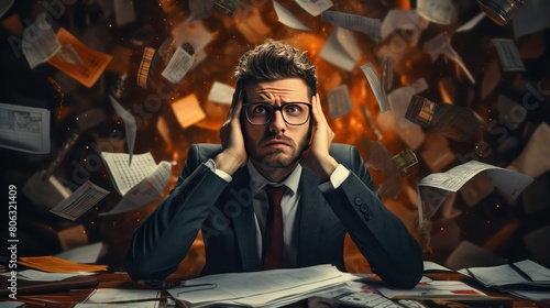 Tired and stressed businessman sitting at his desk in office with piles of documents flying around him