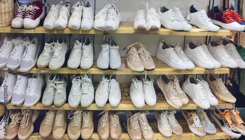 store wall with large group of white sneakers