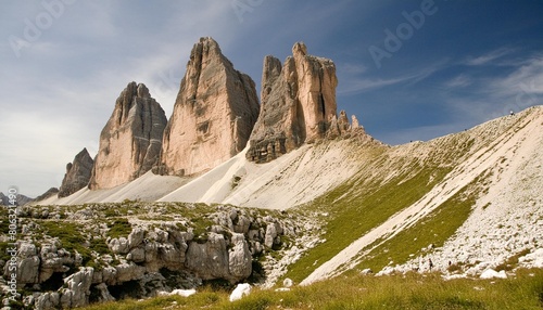 a mighty rocky massif tre cime di lavaredo drei zinnen italian alps sexten dolomites south tyrol europe photo