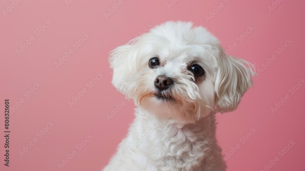 White Maltese dog with a pensive expression on a pink background. Studio pet portrait close-up. Thoughtful pet concept