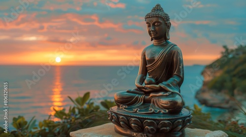 Buddha statue in lotus position in a natural setting. Buddhist sculpture in serene landscape. Concept of Buddhism  Zen  meditation  religion  peace  spiritual awakening. Sunset. Copy space