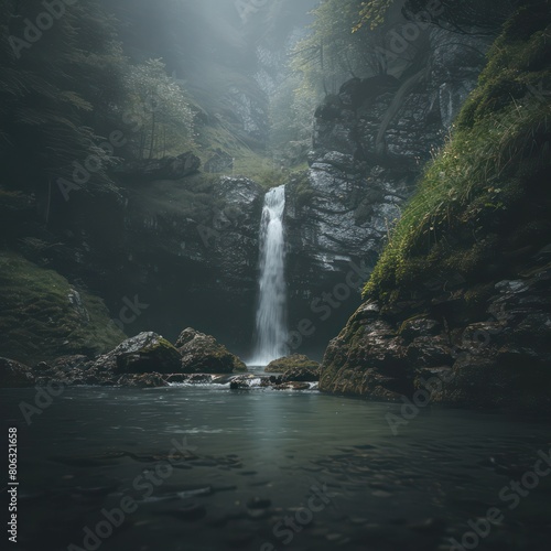 Tucked in a foggy nook  this tall and thin waterfall drops into a serene pool below  surrounded by dark  whispering foliage