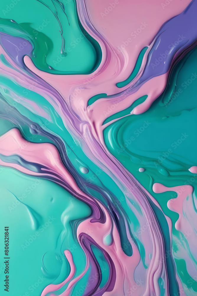 Banner with Liquid acrylic fluid abstract background. Green, purple, pink and turquoise backdrop abstract mixing painting. Art with flows and splashes for interior poster, banner