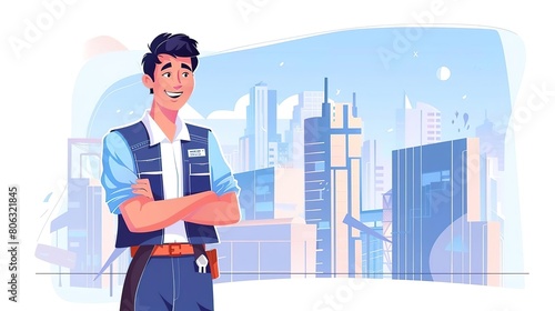 A young male engineer wearing a blue uniform is standing with his arms crossed in front of a cityscape.