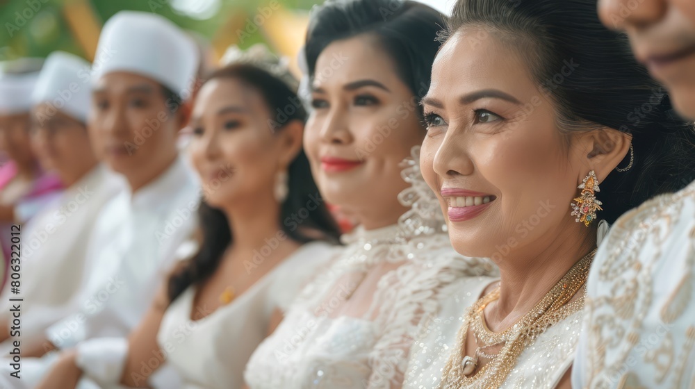Smiling Asian women in ornate traditional white dresses at an event. Group of ladies in cultural outfits. Concept of traditional events, cultural celebrations, social interaction. Smiling Asian women in ornate traditional white dresses at an event. Group of ladies in cultural outfits. Concept of traditional events, cultural celebrations, social interaction.