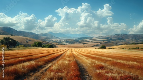 A field of dry grass with a cloudy sky in the background