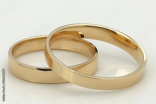 Close up of elegant gold wedding rings on plain white background in macro photography