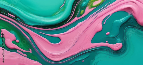 Banner with Liquid acrylic fluid abstract background. Green  pink and turquoise backdrop abstract mixing painting. Art with flows and splashes for interior poster  banner