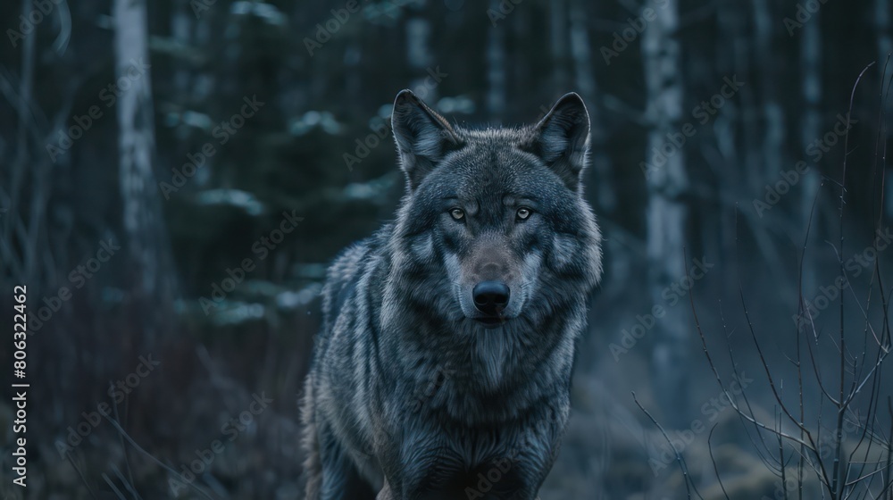 a grey wolf's intense gaze amid the serene moonlit forest, highlighting the predator's natural habitat a grey wolf's intense gaze amid the serene moonlit forest, highlighting the predator's natural habitat