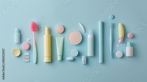 Flat lay of beauty products in pastel colors on a light blue background. Beauty and cosmetics concept with copy space for design